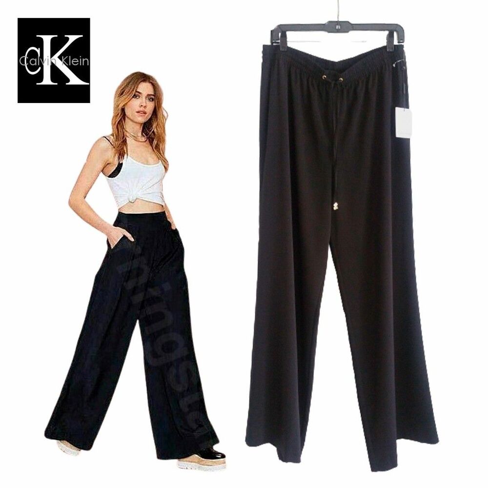 Calvin Klein NEW Bohemian Drawstring Flare Leg Relaxed Semi-Sheer Chiffon Pant L